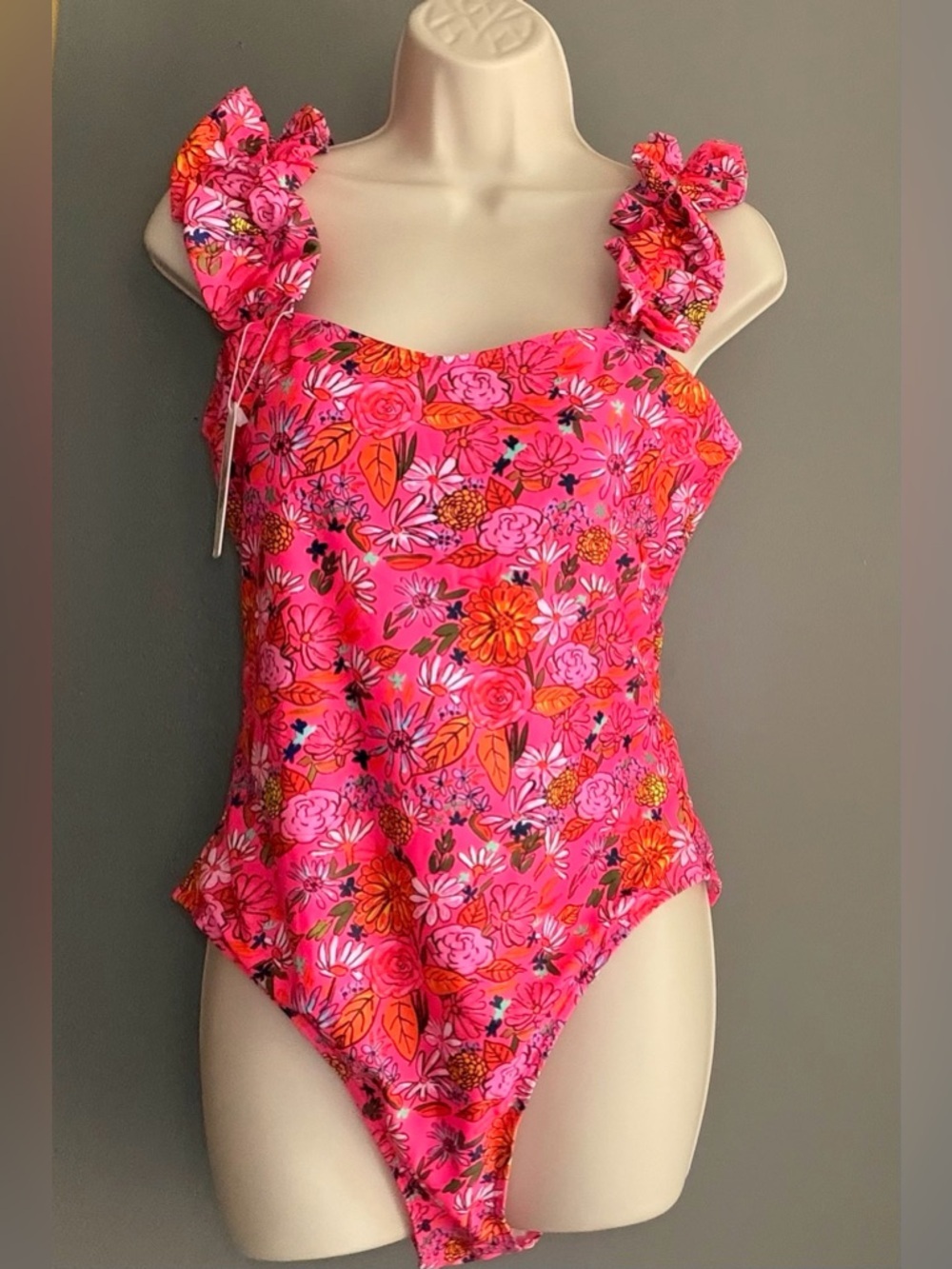NWT Sporlike Neon Pink Floral Ruffle Strap One Piece Swimsuit XL Bright Summer